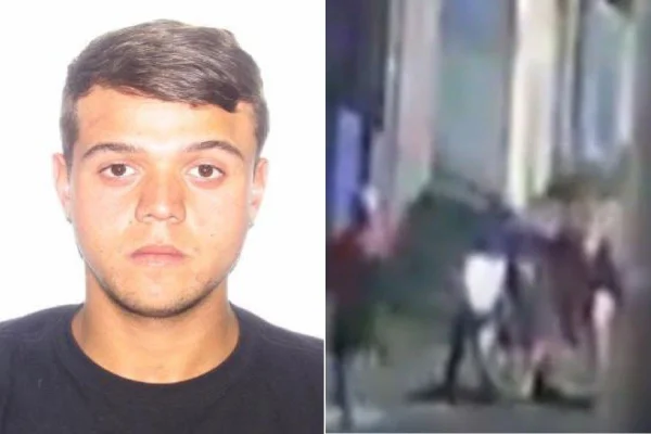 Montagem colorida com foto de homem baleado na cabeça ao tentar proteger namorada (à esquerda) e momento da abordagem e disparo de criminosos (à direita).