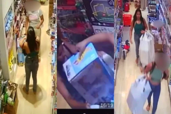 Imagem colorida de mulheres furtando loja de binquedos em Cuiabá - Metrópoles