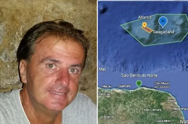 Werner Rydl ao lado do mapa do país sem interferência brasileira