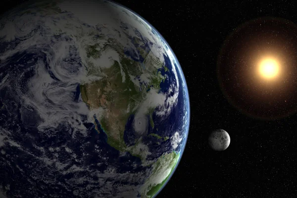 Uma visão espacial da Terra com um furacão claramente visível sobre a Flórida e o Golfo do México. Renderizado em 3D com o 3Dstudio Max. Campo de estrelas, lua e sol claramente visíveis. Metrópoles