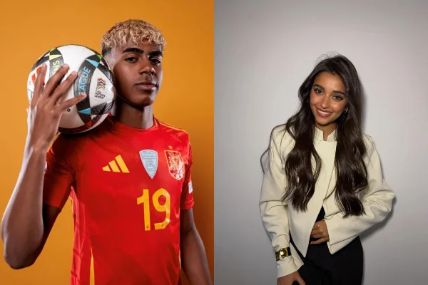 Lamine Yamal e sua namorada, Ínes Garcíam em montagem colorida - Metrópoles