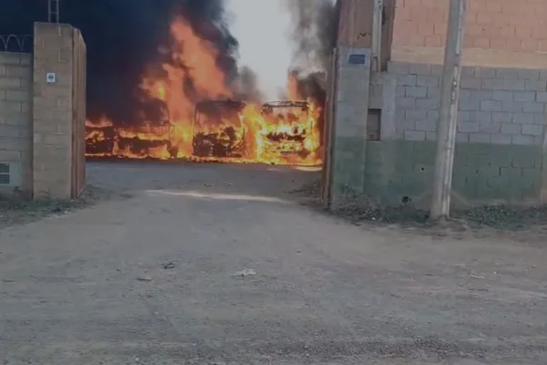 Captura de tela de vídeo que mostra ônibus destruídos em incêndio no interior de SP. - Metrópoles