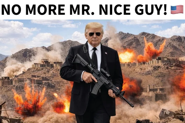 Trump aparece usando um terno, de ´óculos escuros e segurando um fuzil. Atrás dele há uma explosão