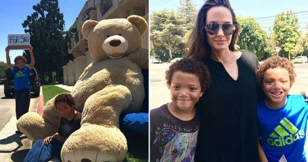 Angelina Jolie compra urso gigante de pelúcia de gêmeos sem-teto