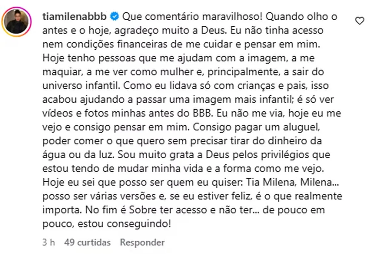 Tia Milena fala sobre mudança no visual: “Hoje consigo pensar em mim” - imagem 1 Tia Milena fala sobre mudança no visual: “Hoje consigo pensar em mim” - imagem 1