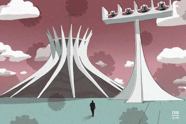 Ilustração para coluna da Conceição Freitas: homem em frente à Catedral de Brasília