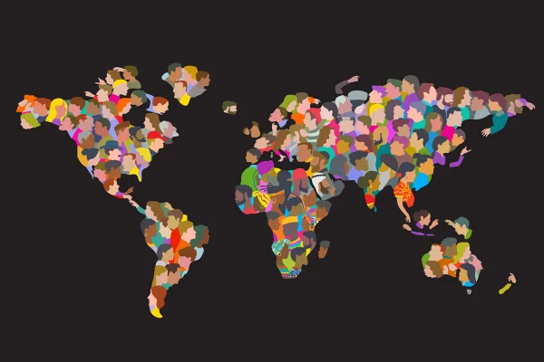 Ilustração de um mapa mundi preenchido com desenhos de pessoas em fundo preto - Metrópoles - mapa mundi