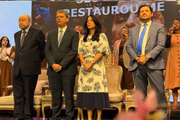 Presidente da Assembleia Legislativa, André do Prado (PL), pastor Manoel Ferreira, o governador Tarcísio de Freitas (Republicanos) e a primeira-dama, Cristiane Freitas 