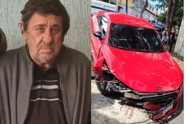 Montagem na qual, a esquerda, idoso e, na direita, carro de luxo com dianteira destruída - Metrópoles