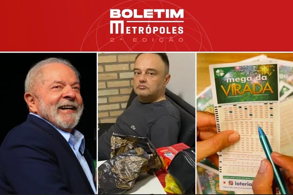 Imagem colorida de uma montagem com Lula, George Washington, que confessou ter plantado uma bomba próximo ao Aeroporto de Brasília, e volantes da Mega-Sena da Virada
