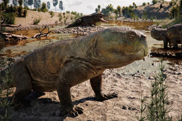 Em primeiro plano na imagem, um rincossauro da espécie Isodapedon varzealis em uma paisagem há 230 milhões de anos. Ilustração. Metrópoles