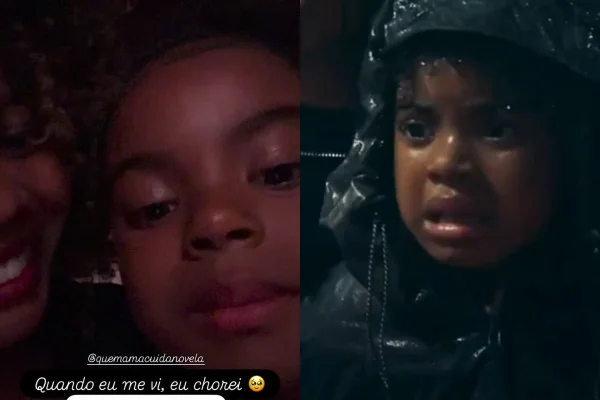 Montagem de imagens mostra atriz mirim de 6 anos se emocionando ao assistir cena forte de Quem Ama Cuida - Metrópoles