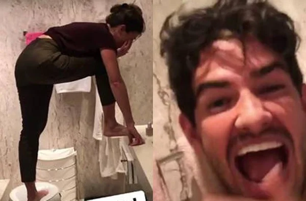Pato flagra Rebeca Abravanel em vaso sanitário com medo da barata