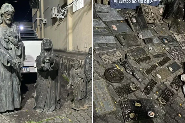 Montagem com fotos coloridas de estátuas sacras e lápides furtadas - Metrópoles