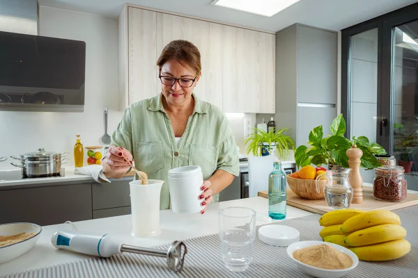 Mulher madura preparando uma vitamina - diabetes
