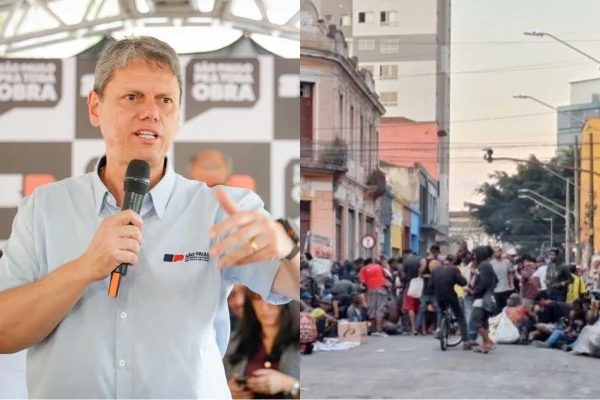 Imagem colorida mostra governador Tarcísio de Freitas e fluxo de usuários na Cracolândia. Metrópoles