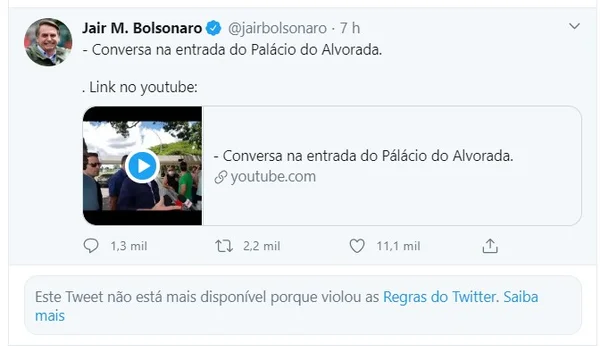Aviso do Twitter na conta do presidente Jair Bolsonaro