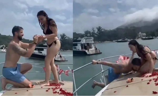 Imagem coloroida de Noivo cai no mar após dar anel à noiva