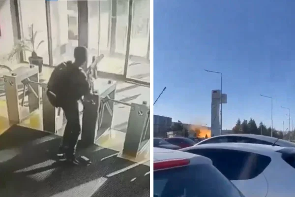 Montagem com fotos coloridas de atentado terrorista em empresa estatal da Turquia - Metrópoles