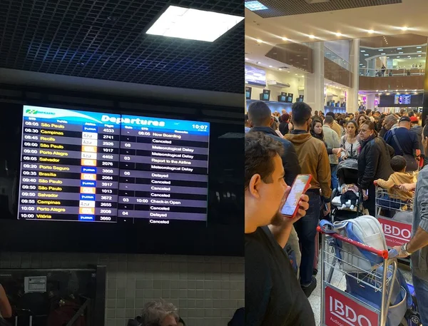 Imagem colorida de quadro de embarque (esquerda) e pessoas aglomeradas no aeroporto Santos Dumont (direita) - Metrópoles