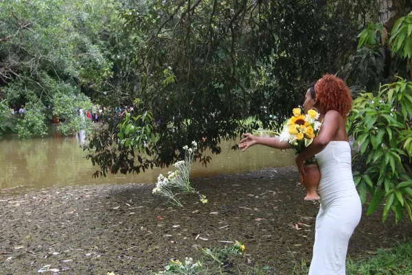 Imagem colorida, mulher com vestido branco jogando rosas no Rio - Metrópoles