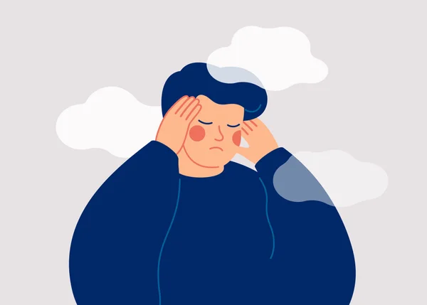 Ilustração mostra homem vestido de azul escuro com mãos na cabeça e nuvens ao redor dela - nevoeiro cerebral - Metrópoles