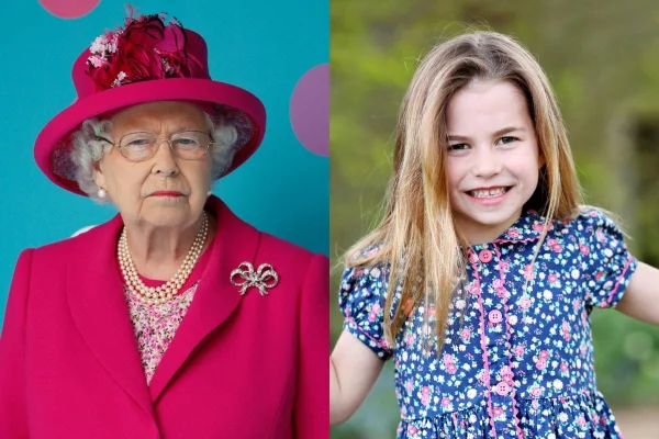 Foto colorida. Montagem decom a rainha Elizabeth e princesa Charlotte