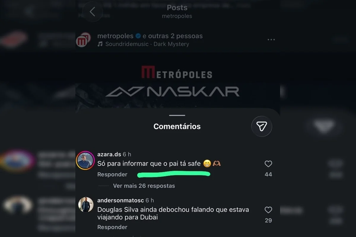 Ao comentar a notícia da prisão dos três ex-sócios da Naskar, Douglas provocou: "O pai tá safe" Ao comentar a notícia da prisão dos três ex-sócios da Naskar, Douglas provocou: "O pai tá safe"