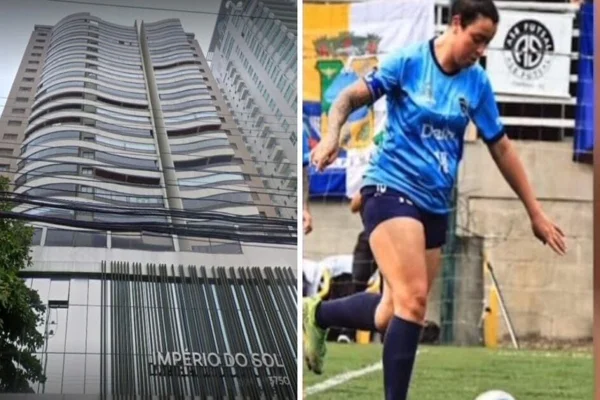 Imagem colorida, prédio e ao lado, uma jogadora de futebol em campo - Metrópoles