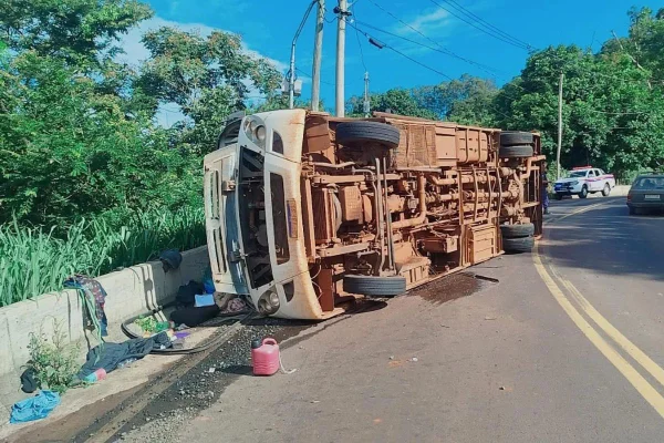 Imagens coloridas mostram micro-ônibus tombado em rodovia