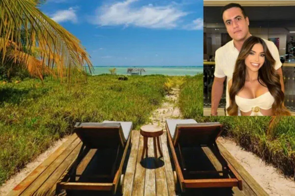 Duas cadeiras de praia, em passarela de madeira, com trilha margeada por grama, a qual dá acesso à praia. Na lateral direita superior, em outro retrato, mulher posa para fora em frente a homem, ambos com roupas brancas - Metrópoles