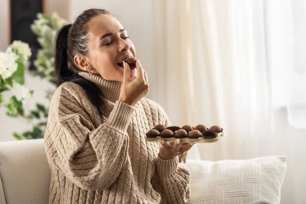 Foto colorida de mulher sentada. Ela está comendo chocolate e segura uma forma com bombons - Metrópoles
