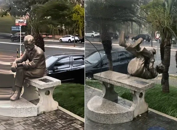 Estátua de Carlos Drummond é derrubada por forte ventania. Veja vídeo