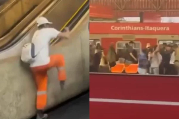 Imagem colorida mostra homens brigando dentro da estação Corinthians-Itaquera, da CPTM - Metrópoles