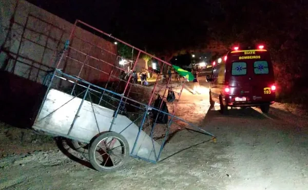 imagem colorida de um carrinho de carregar sucata e uma ambulância - Metrópoles