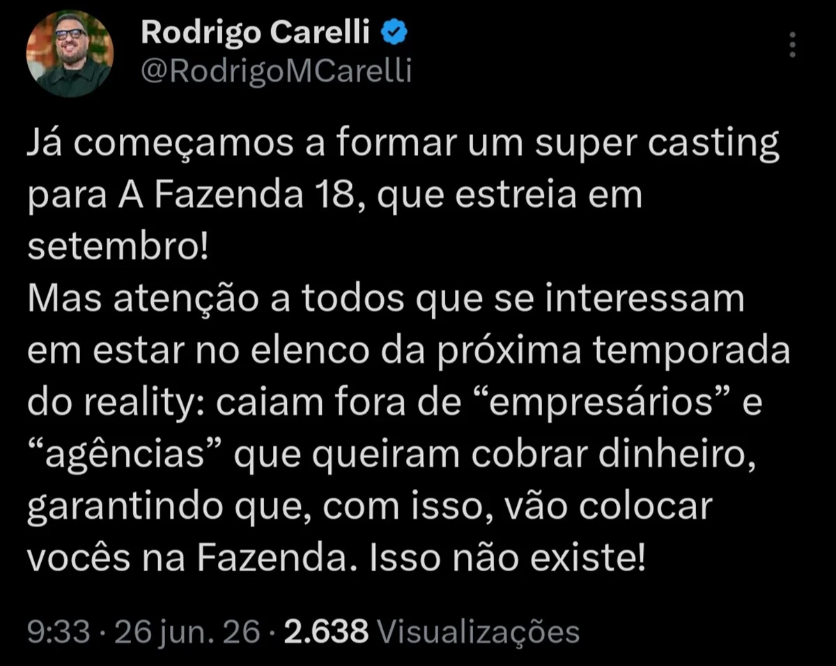 A Fazenda 18: Rodrigo Carelli alerta candidatos sobre golpes A Fazenda 18: Rodrigo Carelli alerta candidatos sobre golpes