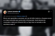 "Bruto, nem aprendeu a escrever. Em vez de leite materno, chupava cocos e o mais instruído que ouvia eram chimpanzés. Você deveria ter mostrado o dedo pro Orlando Gill, eu faço isso no senado e não acontece nada !!!" "Bruto, nem aprendeu a escrever. Em vez de leite materno, chupava cocos e o mais instruído que ouvia eram chimpanzés. Você deveria ter mostrado o dedo pro Orlando Gill, eu faço isso no senado e não acontece nada !!!"