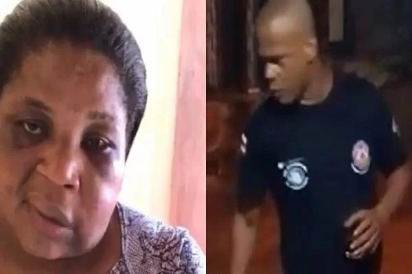 Imagem colorida de mulher agredida e PM - Metrópoles