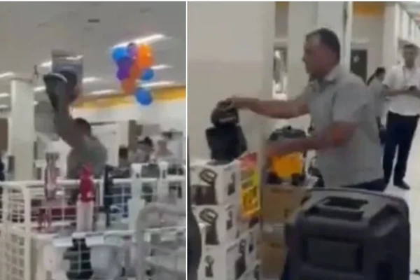 Imagem mostra um homem destruindo produtos em uma loja de varejo, em Minas Gerais - Metrópoles