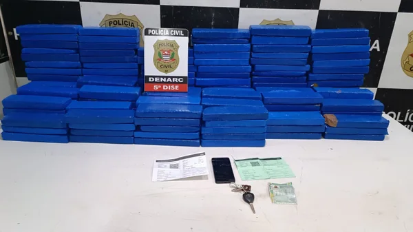 Imagem colorida mostra mais de 100 kg de maconha embalados em pacotes azuis apreendidos pela Polícia Civil de São Paulo. Um homem foi preso na ação - Metrópoles