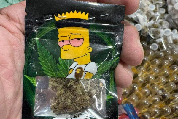 Foto colorida de embalagem plástica, dentro da qual há maconha, com a estampa da personagem de desenho animado Bart Simpson - Metrópoles