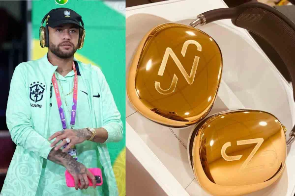 Montagem com fotos justapostas do jogador da seleção brasileira Neymar (esquerda) e fone de ouvido de ouro dado a ele de presente (direita) - Metrópoles