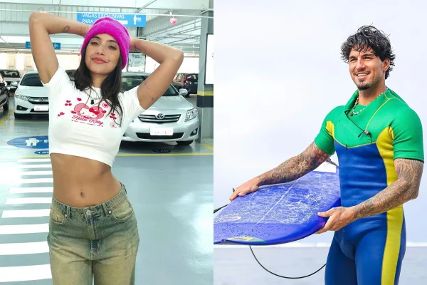 Montagem com fotos coloridas de Vanessa Lopes e Gabriel Medina - Metrópoles