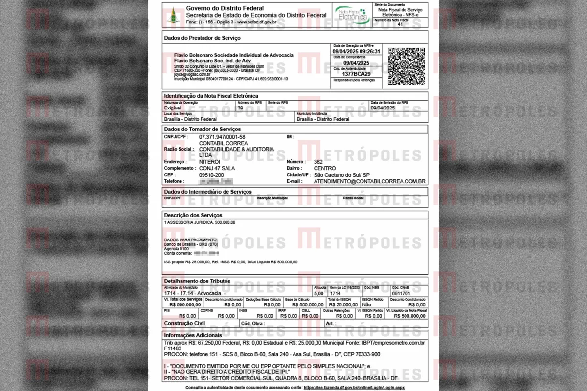 Nota fiscal emitida pelo escritório de Flávio Bolsonaro em favor da Contábil Correa Nota fiscal emitida pelo escritório de Flávio Bolsonaro em favor da Contábil Correa