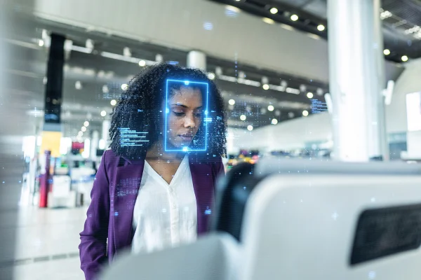 Uma jovem concentrada em um totem de check-in de aeroporto, com a tecnologia de reconhecimento facial escaneando digitalmente seu rosto. Metrópoles
