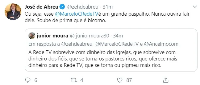 O ator também retweetou o post de um usuário e chamou o apresentador de paspalho O ator também retweetou o post de um usuário e chamou o apresentador de paspalho