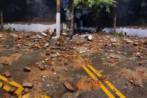 Vídeos nas redes sociais mostram o muro do cemitério destruído na Rua David Zeiger, próximo à Avenida Salim Farah Maluf. Não houve feridos - Metrópoles