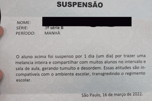 Documento mostra suspensão de aluno em escola por levar melancia para a escola - Metrópoles