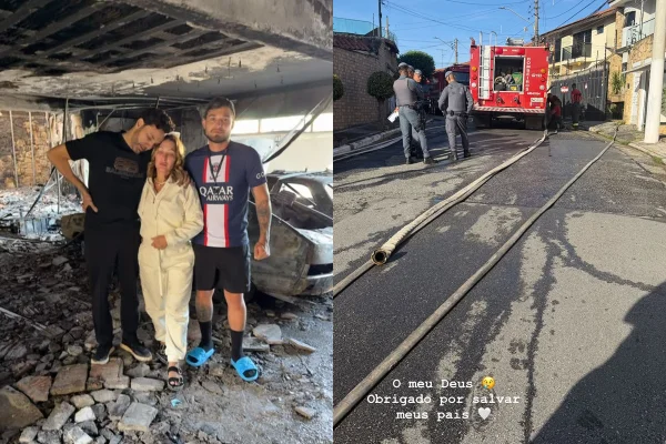 Montagem de imagens mostra família de MC Gui vendo casa destruída após incêndio - Metrópoles