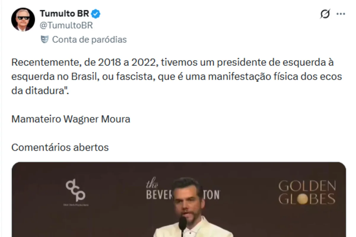 Print de publicação criticando o discurso de Wagner Moura Print de publicação criticando o discurso de Wagner Moura